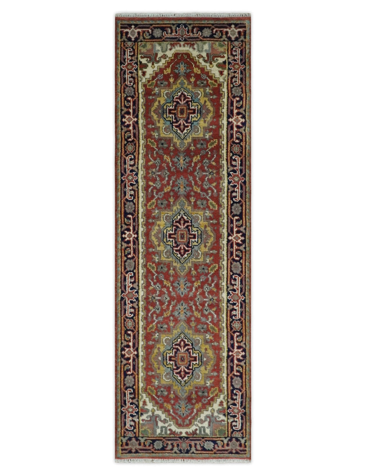 Traditional Blue, Rust and Ivory Heriz Serapi Hand knotted Multi Size wool Area Rug - The Rug Decor