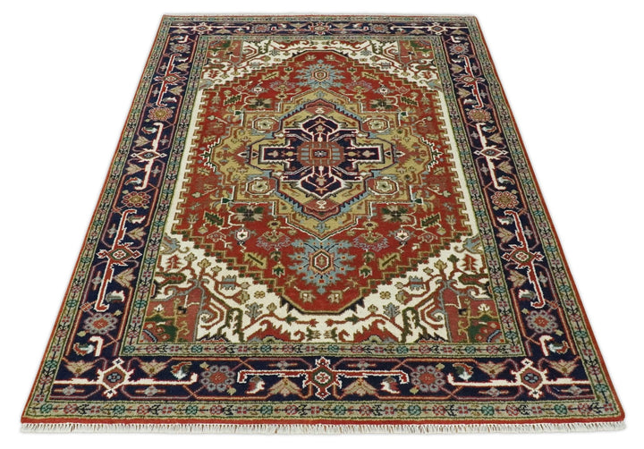 Traditional Blue, Rust and Ivory Heriz Serapi Hand knotted Multi Size wool Area Rug - The Rug Decor