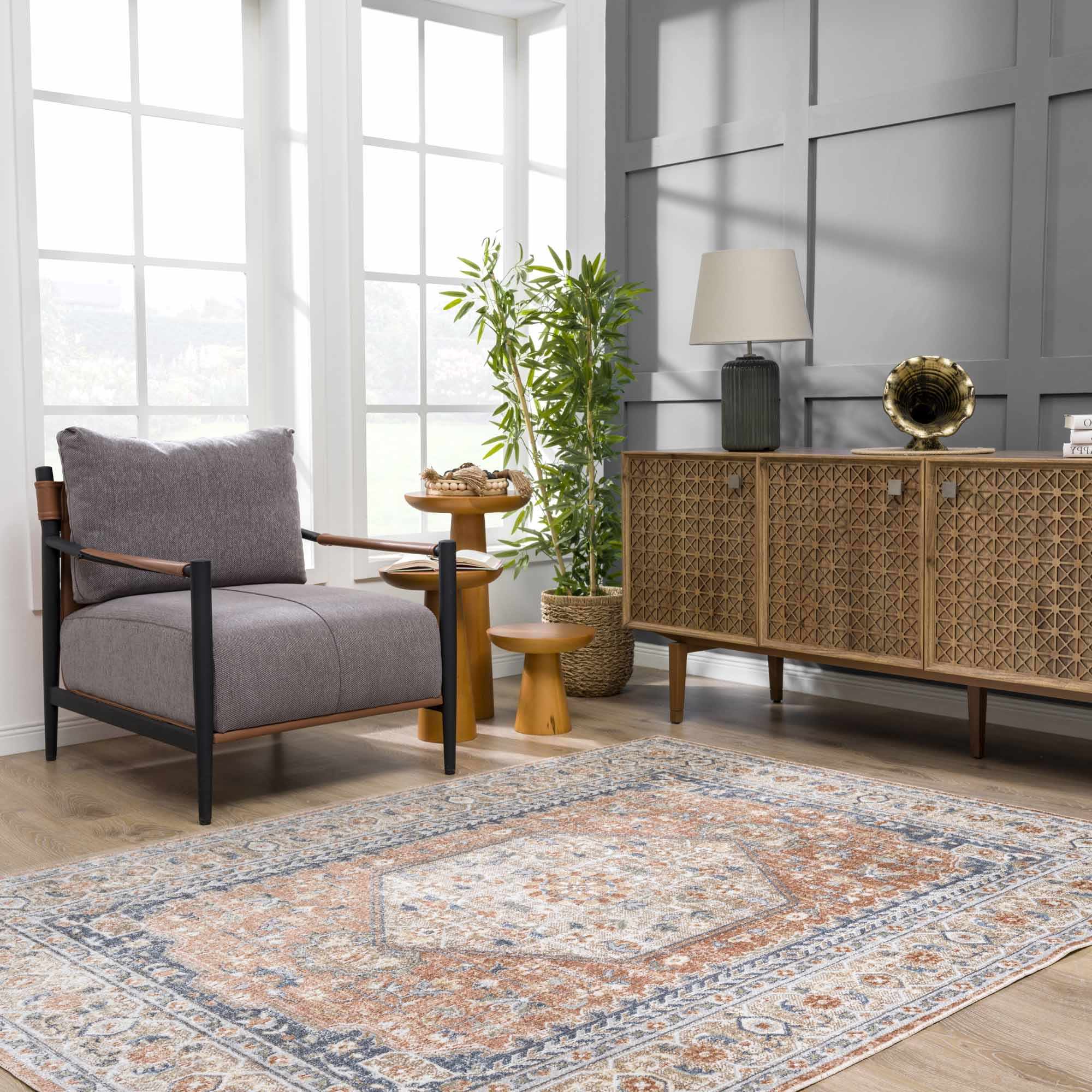 Traditional Floral Camel, Brown and Charcoal Vintage Style Turkish