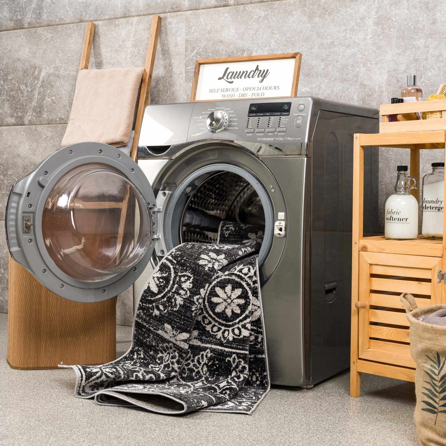 Traditional Charcoal and Ivory Low Pile Washable Area Rug - The Rug Decor