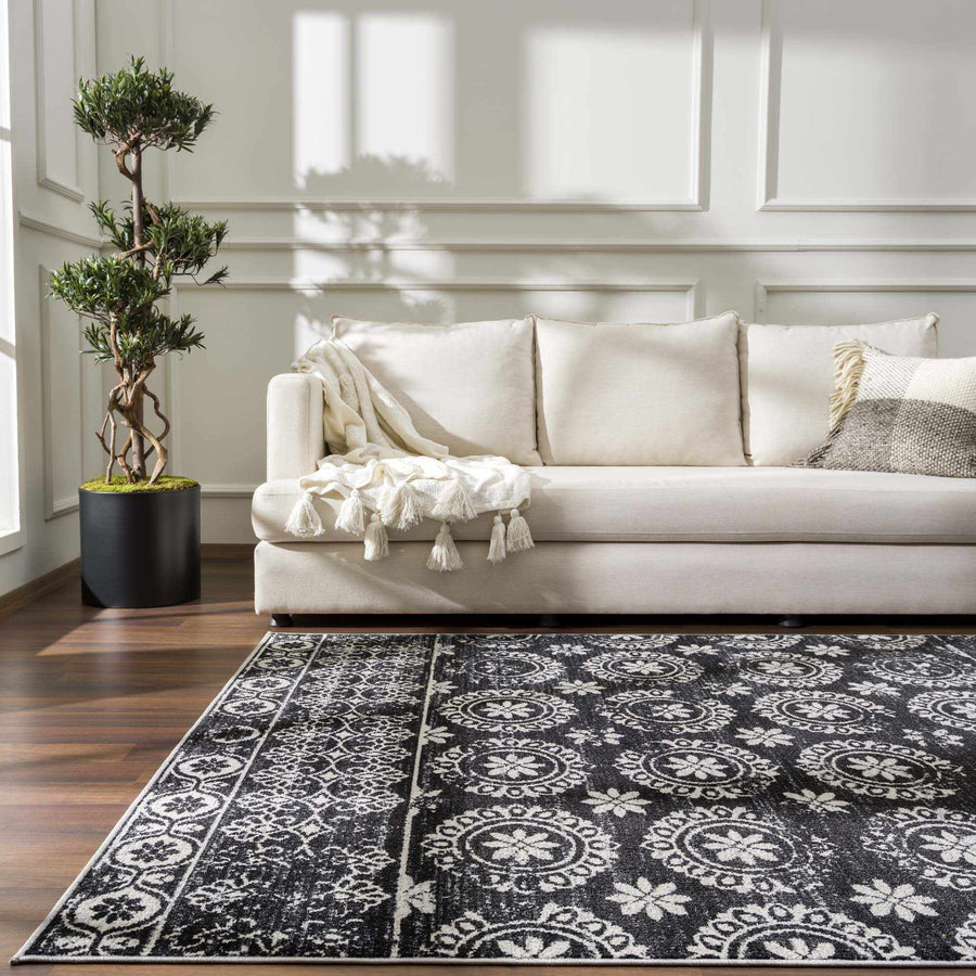 Traditional Charcoal and Ivory Low Pile Washable Area Rug - The Rug Decor