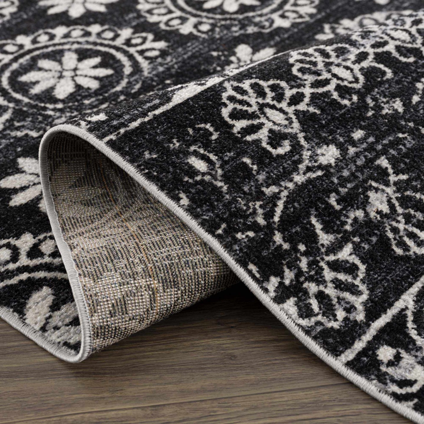 Traditional Charcoal and Ivory Low Pile Washable Area Rug - The Rug Decor