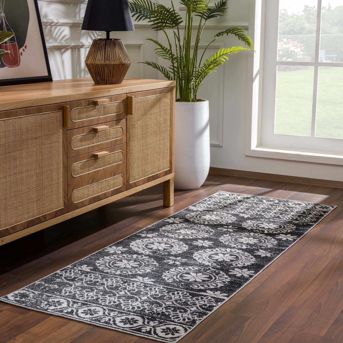 Traditional Charcoal and Ivory Low Pile Washable Area Rug - The Rug Decor