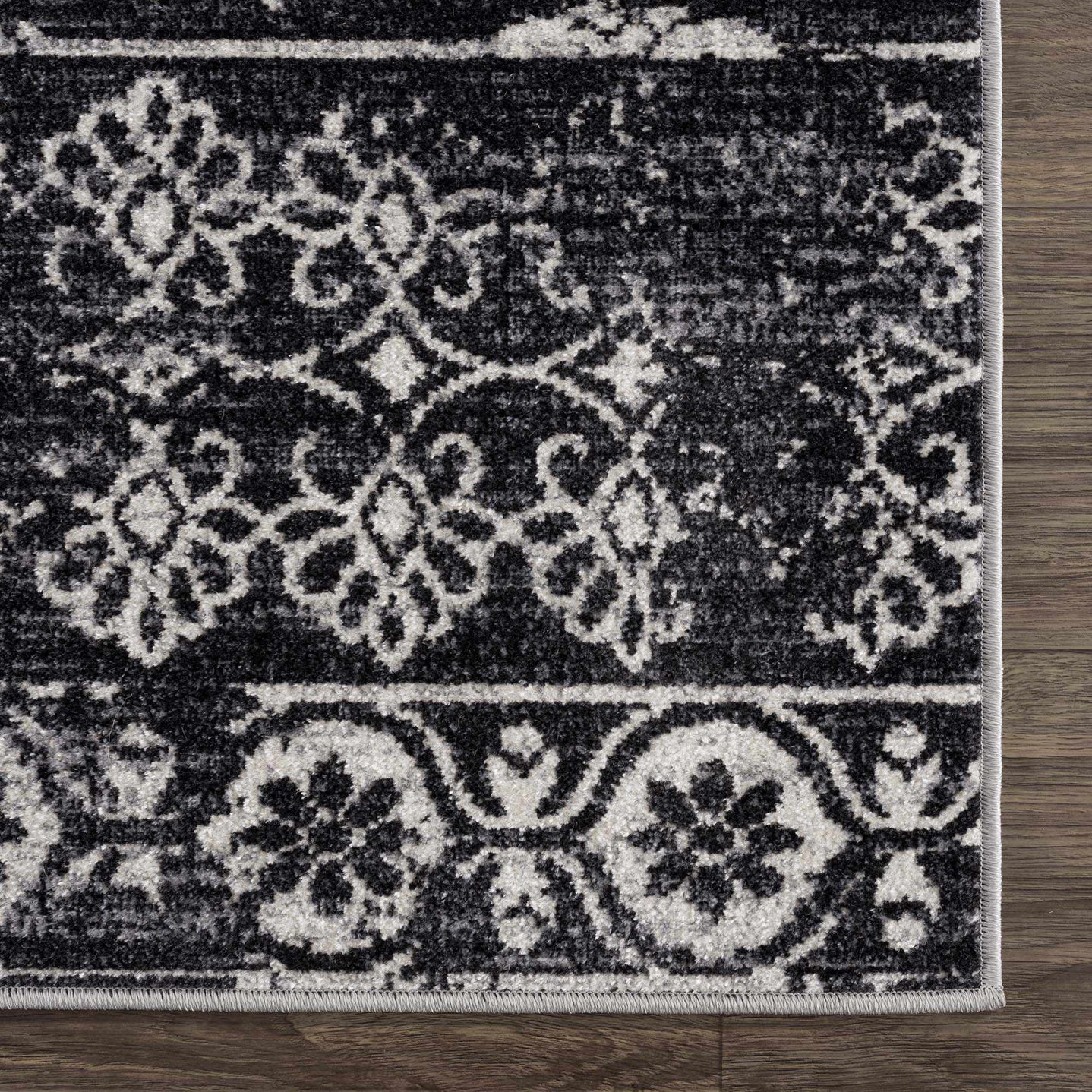 Traditional Charcoal and Ivory Low Pile Washable Area Rug - The Rug Decor