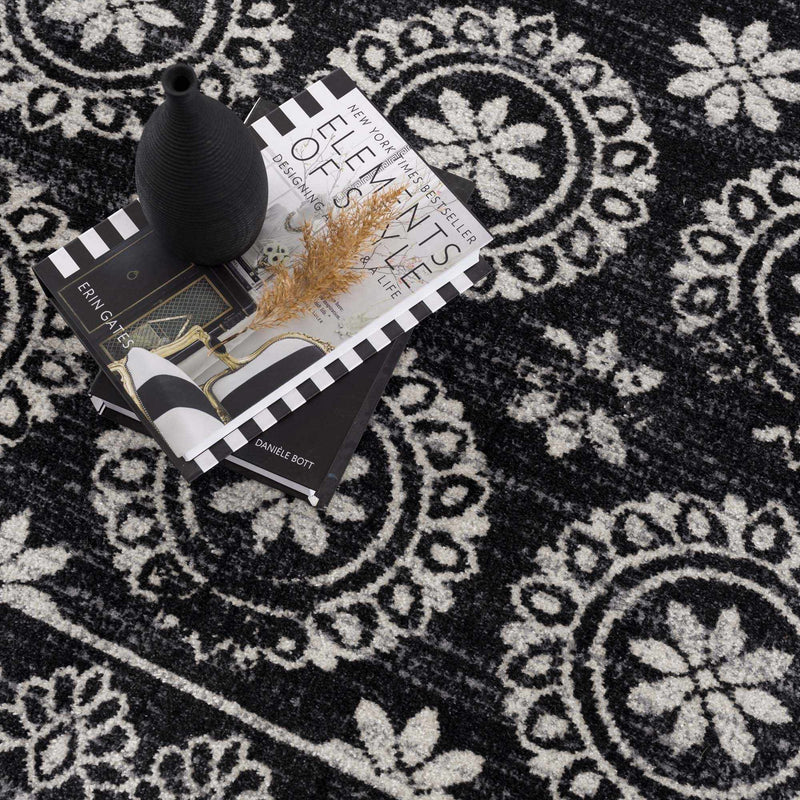 Traditional Charcoal and Ivory Low Pile Washable Area Rug - The Rug Decor