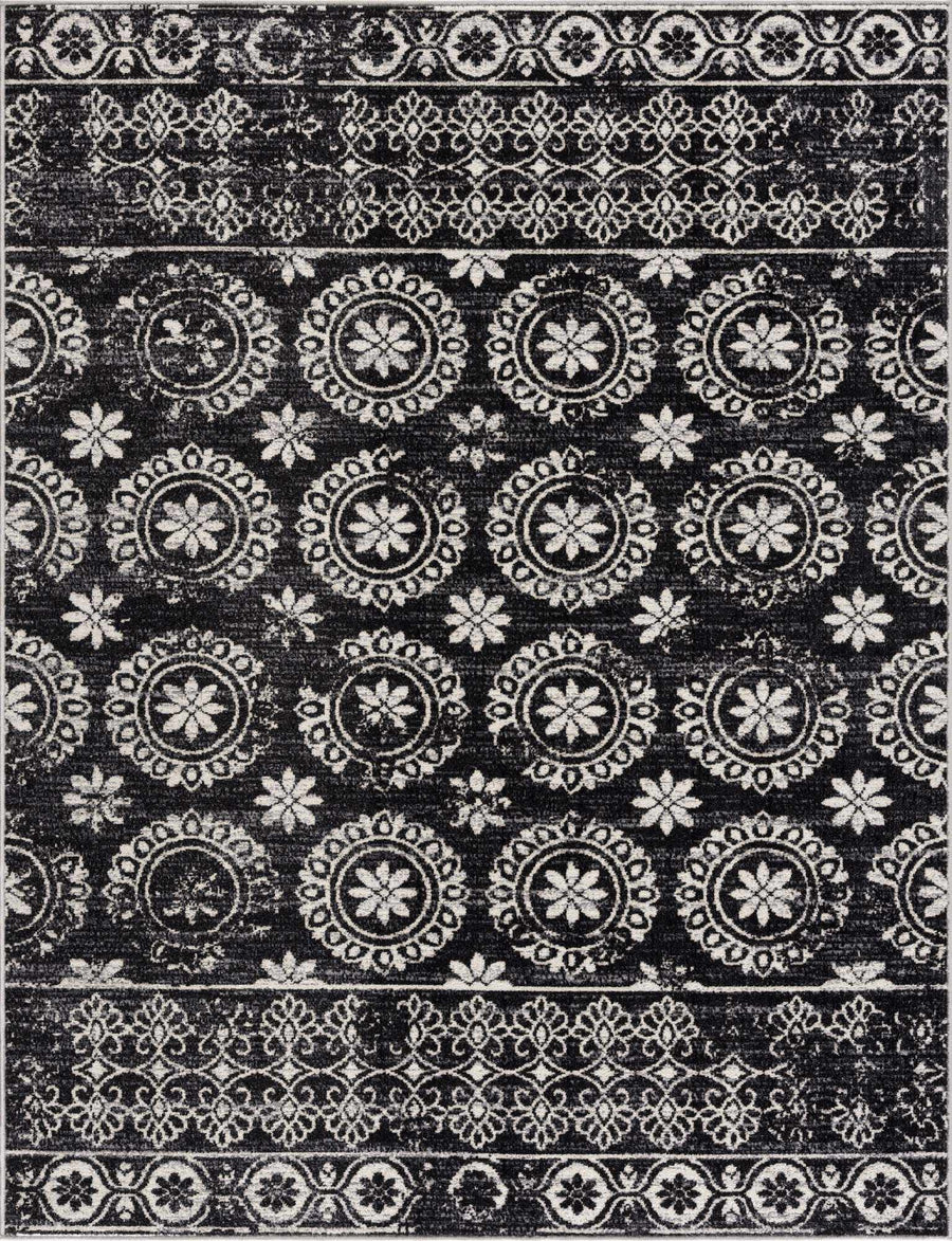 Traditional Charcoal and Ivory Low Pile Washable Area Rug - The Rug Decor