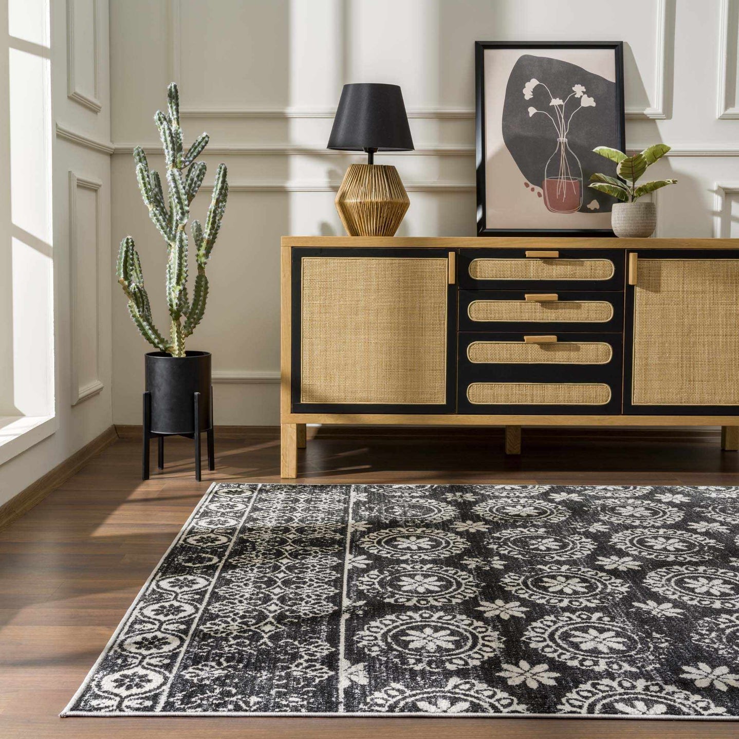 Traditional Charcoal and Ivory Low Pile Washable Area Rug - The Rug Decor