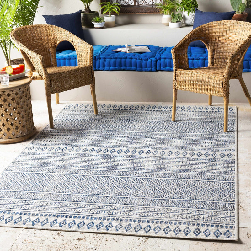 Traditional Contemporary Ivory and Blue Tribal Design Outdoor Area Rug - The Rug Decor