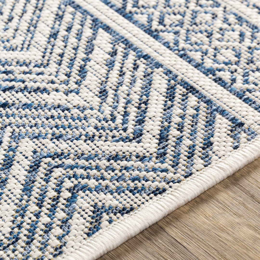 Traditional Contemporary Ivory and Blue Tribal Design Outdoor Area Rug - The Rug Decor