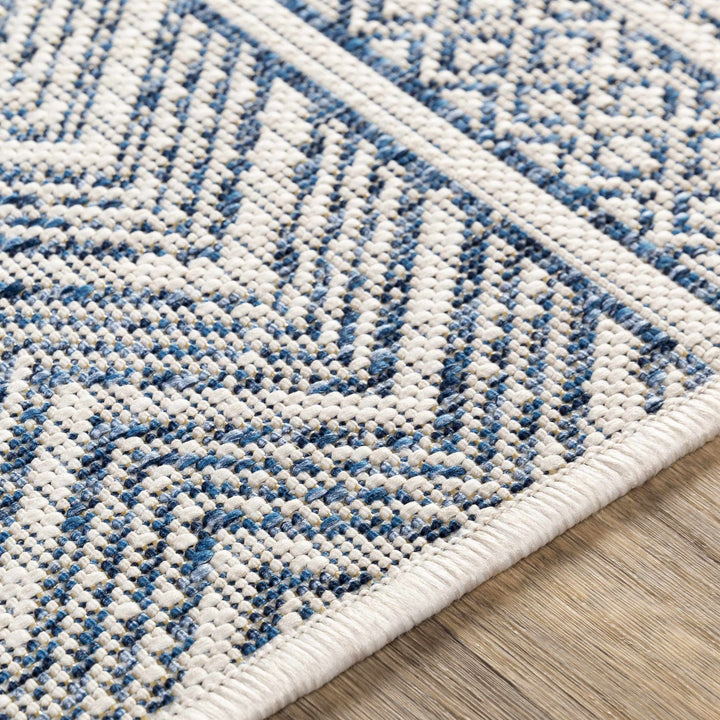 Traditional Contemporary Ivory and Blue Tribal Design Outdoor Area Rug - The Rug Decor