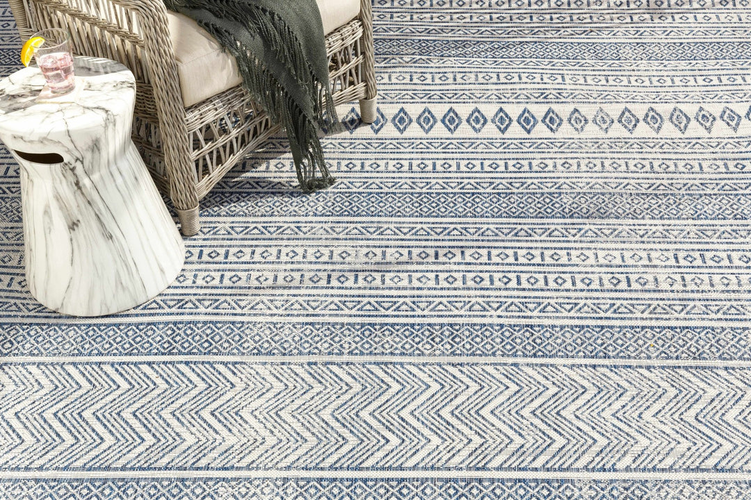 Traditional Contemporary Ivory and Blue Tribal Design Outdoor Area Rug - The Rug Decor