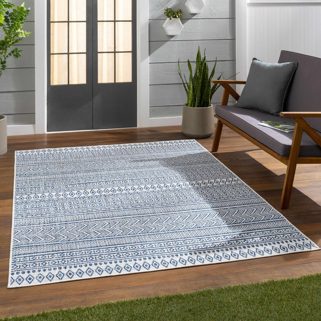 Traditional Contemporary Ivory and Blue Tribal Design Outdoor Area Rug - The Rug Decor