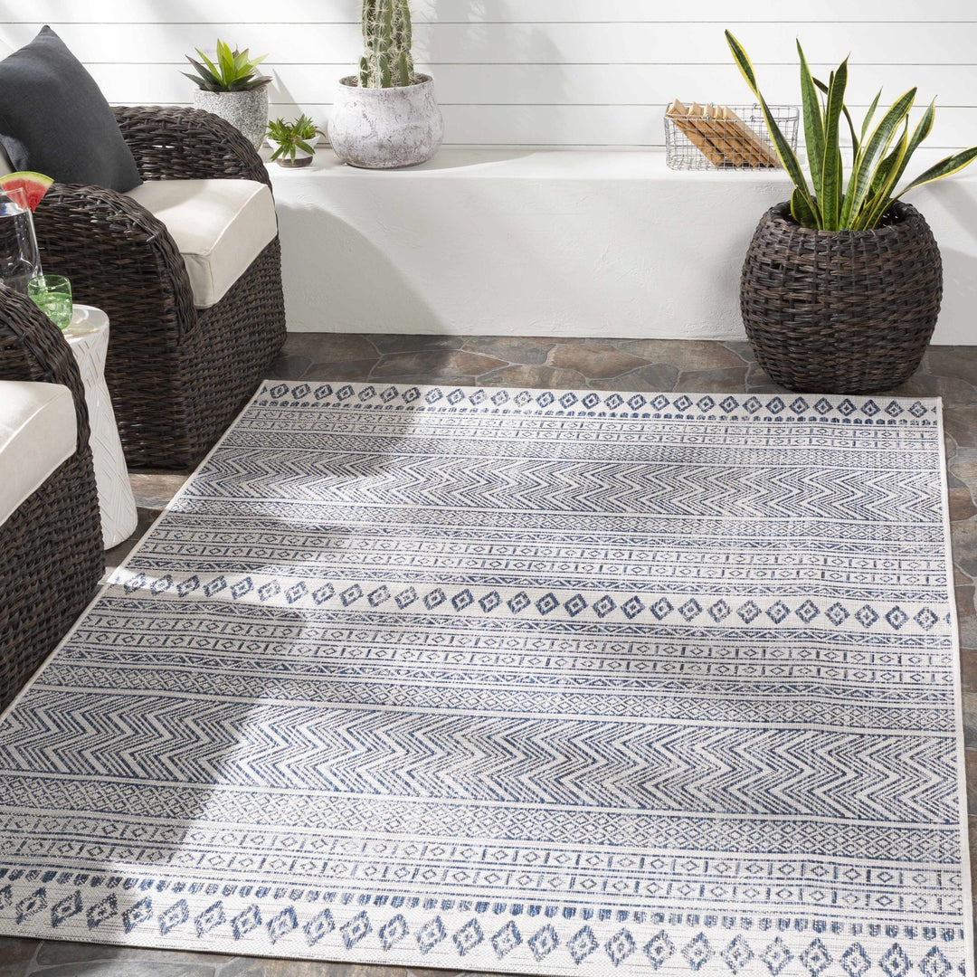 Traditional Contemporary Ivory and Blue Tribal Design Outdoor Area Rug - The Rug Decor