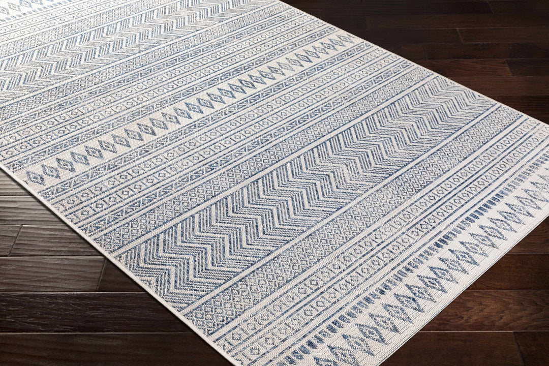Traditional Contemporary Ivory and Blue Tribal Design Outdoor Area Rug - The Rug Decor