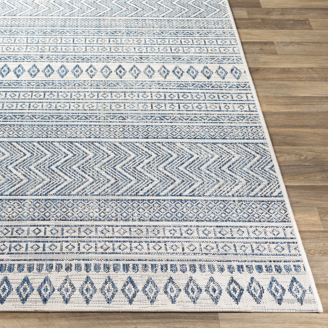 Traditional Contemporary Ivory and Blue Tribal Design Outdoor Area Rug - The Rug Decor