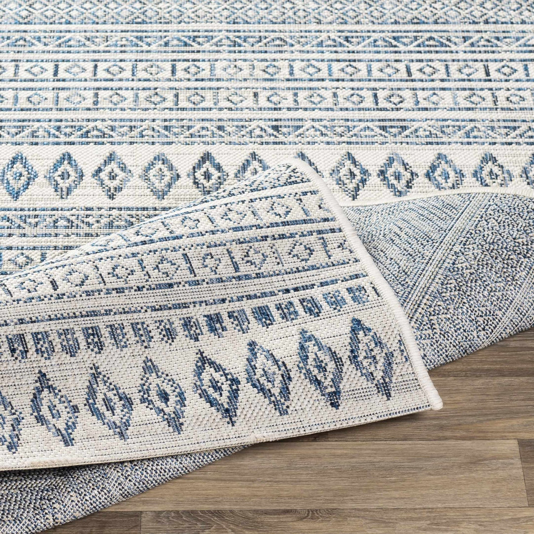 Traditional Contemporary Ivory and Blue Tribal Design Outdoor Area Rug - The Rug Decor