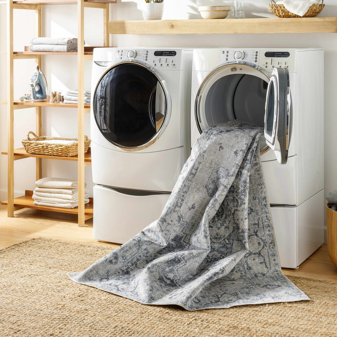 Traditional Design Aqua Blue And Ivory Machine-Washable Area Rug - The Rug Decor