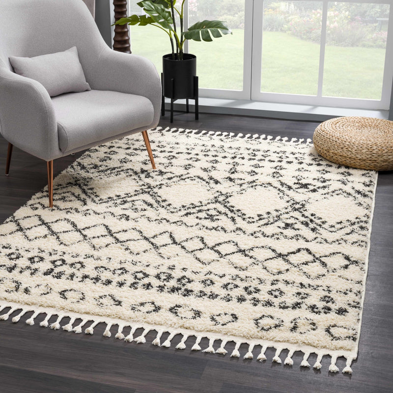 Traditional Design Beige and Charcoal Machine Woven Moroccan Tribal Trellis Rug - The Rug Decor
