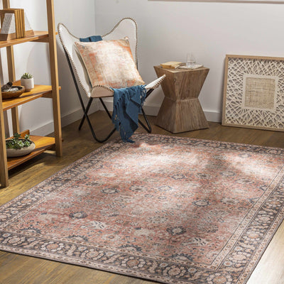Traditional Design Floral Rust And Charcoal Washable Area Rug - The Rug Decor