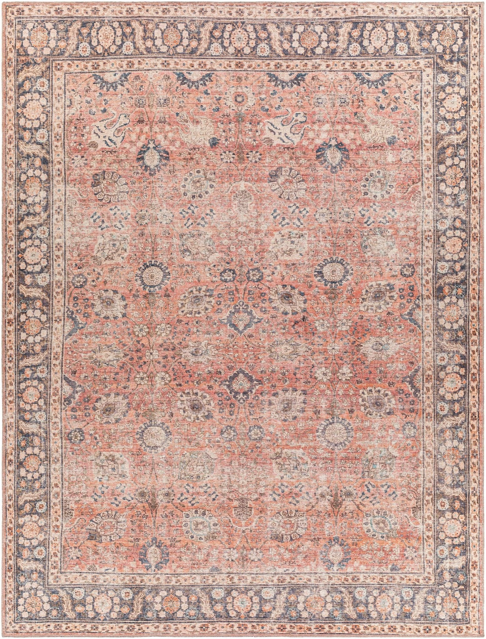 Traditional Design Floral Rust And Charcoal Washable Area Rug – The Rug ...