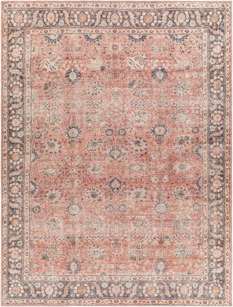 Traditional Design Floral Rust And Charcoal Washable Area Rug - The Rug Decor