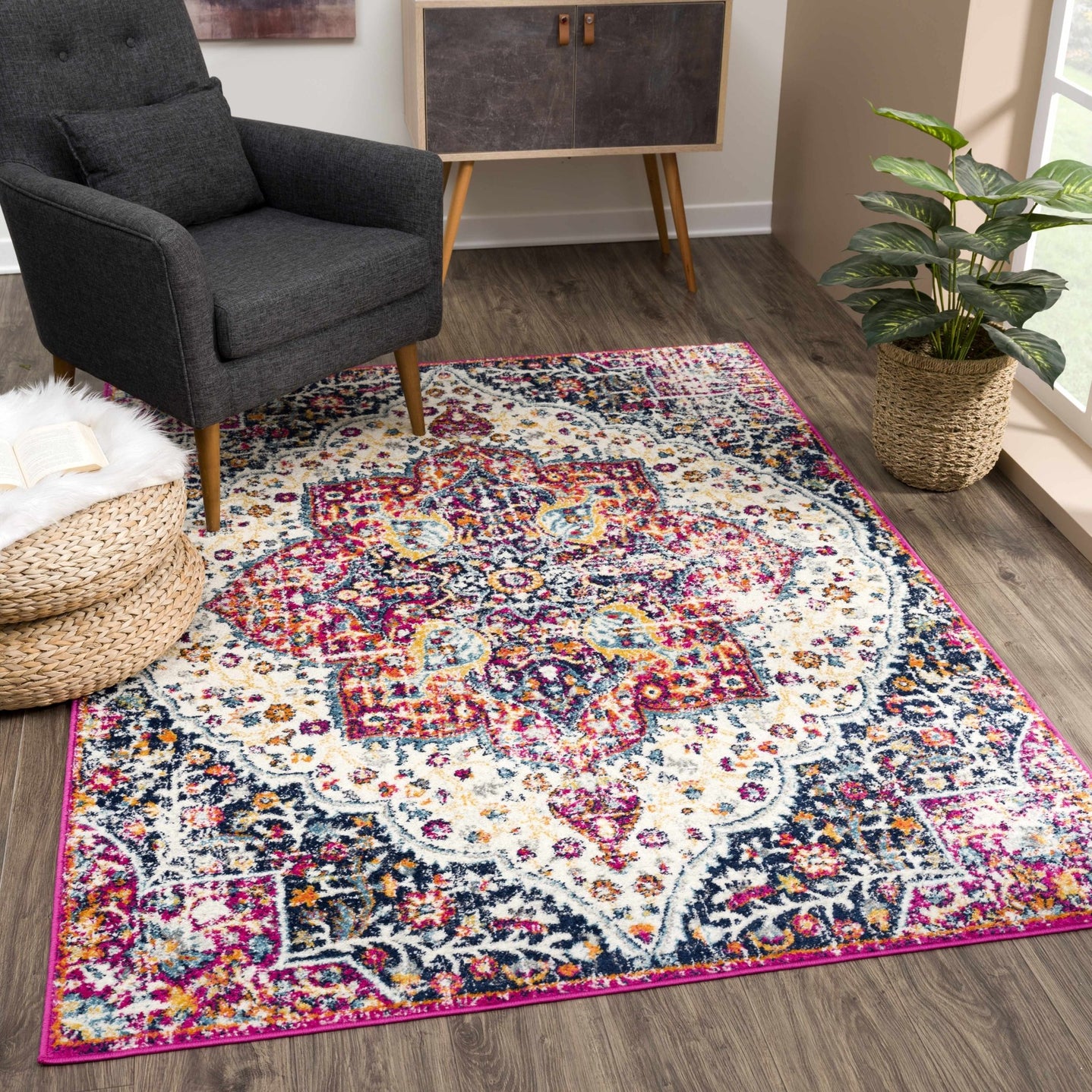 Traditional Design Heriz Ivory, Purple and Blue Premium look Medallion Area Rug - The Rug Decor