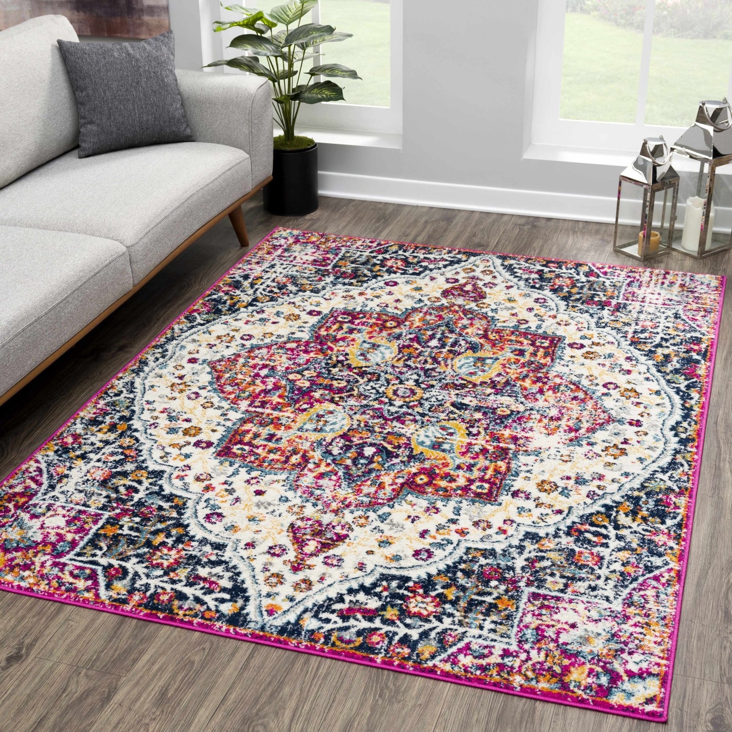 Traditional Design Heriz Ivory, Purple and Blue Premium look Medallion Area Rug - The Rug Decor