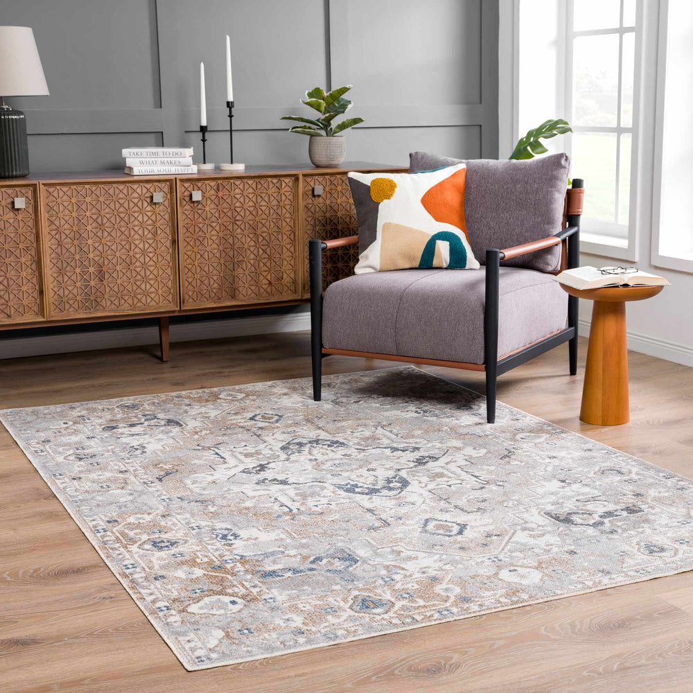 Traditional Design Peach, Ivory, Silver and Charcoal Machine Washable Multi size Rug - The Rug Decor