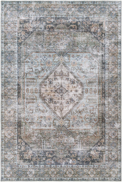 Traditional Distressed Look Silver, Charcoal and Brown Antique Style Machine Woven Washable Rug - The Rug Decor
