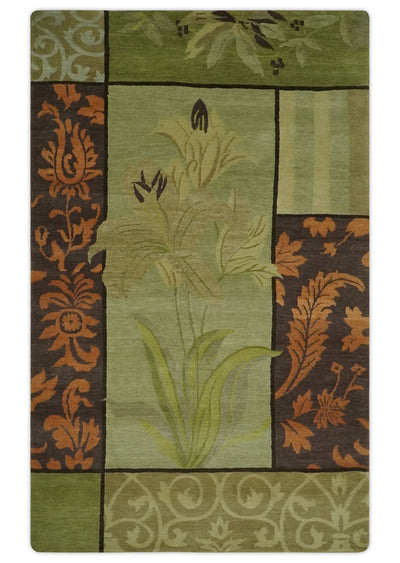 Traditional Floral Block Design Green, Brown and Rust Hand knotted 5x8 Indoor wool Area Rug - The Rug Decor
