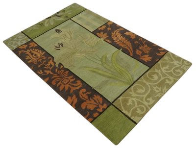 Traditional Floral Block Design Green, Brown and Rust Hand knotted 5x8 Indoor wool Area Rug - The Rug Decor