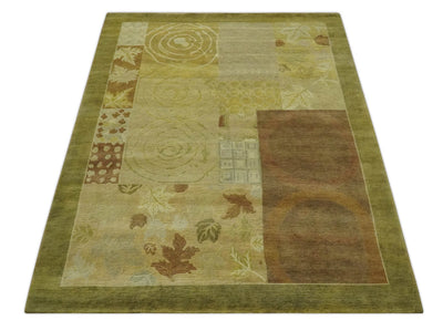 Traditional Floral Block Design Olive, Green and Brown Hand knotted 6x8 wool Area Rug - The Rug Decor