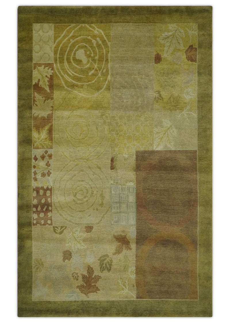 Traditional Floral Block Design Olive, Green and Brown Hand knotted 6x8 wool Area Rug - The Rug Decor