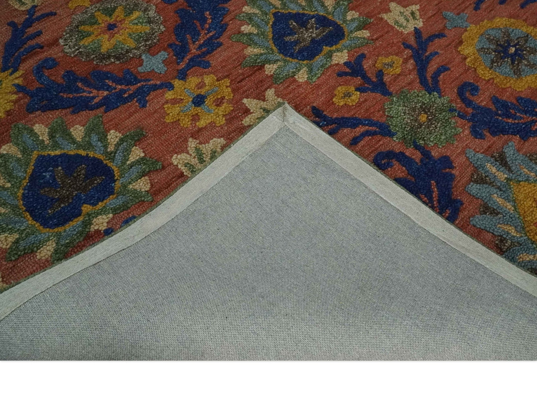 Traditional Floral Colorful dark Peach, Blue and Green 6x6 Round, 8x10 and 2.6x8 Hand Tufted wool Area Rug - The Rug Decor