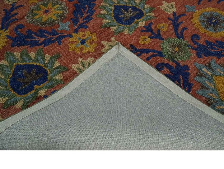 Traditional Floral Colorful dark Peach, Blue and Green 6x6 Round, 8x10 and 2.6x8 Hand Tufted wool Area Rug - The Rug Decor