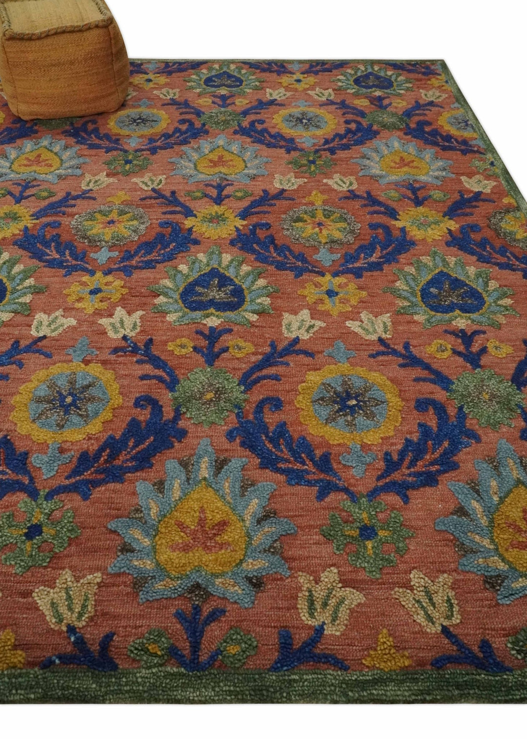 Traditional Floral Colorful dark Peach, Blue and Green 6x6 Round, 8x10 and 2.6x8 Hand Tufted wool Area Rug - The Rug Decor