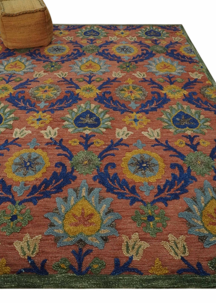 Traditional Floral Colorful dark Peach, Blue and Green 6x6 Round, 8x10 and 2.6x8 Hand Tufted wool Area Rug - The Rug Decor