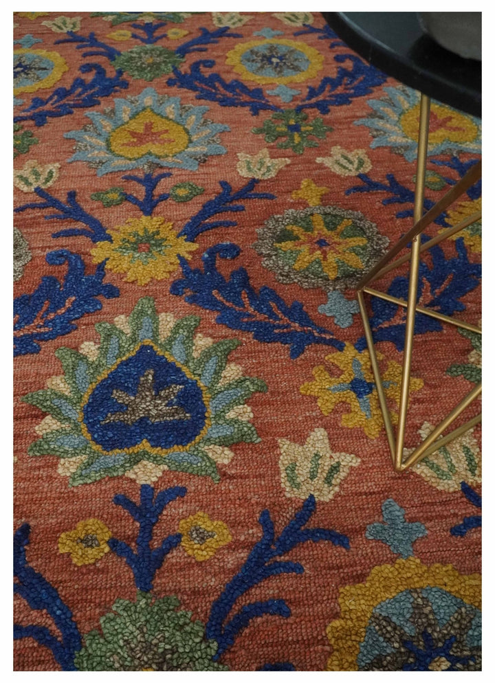 Traditional Floral Colorful dark Peach, Blue and Green 6x6 Round, 8x10 and 2.6x8 Hand Tufted wool Area Rug - The Rug Decor