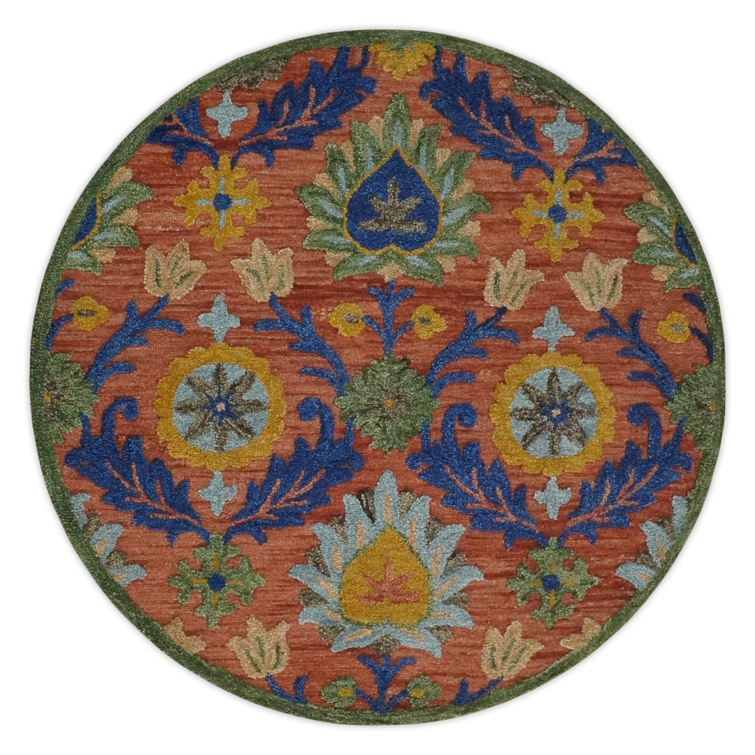 Traditional Floral Colorful dark Peach, Blue and Green 6x6 Round, 8x10 and 2.6x8 Hand Tufted wool Area Rug - The Rug Decor
