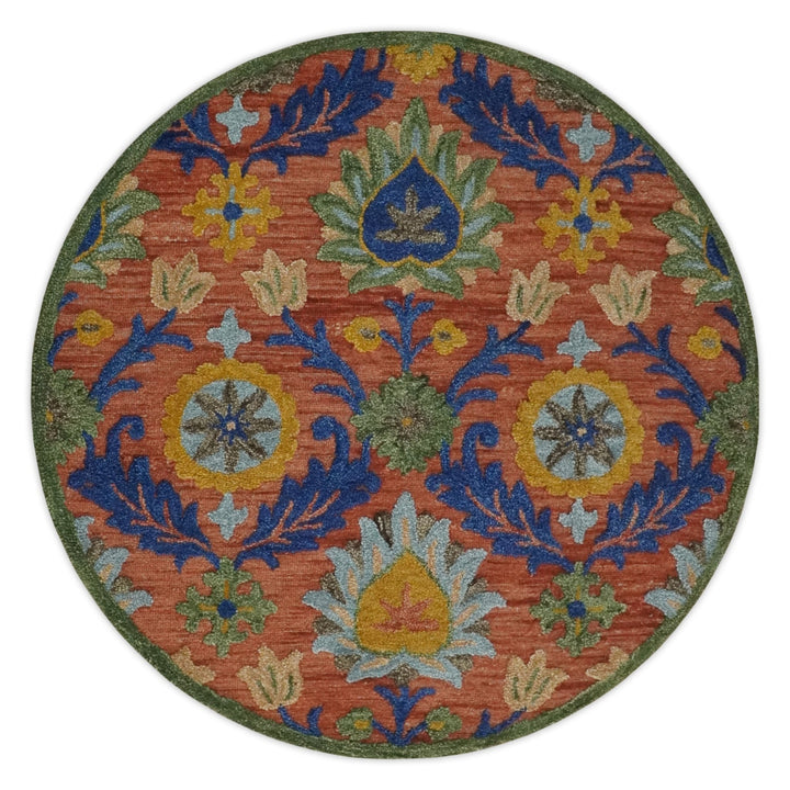 Traditional Floral Colorful dark Peach, Blue and Green 6x6 Round, 8x10 and 2.6x8 Hand Tufted wool Area Rug - The Rug Decor