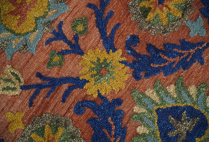 Traditional Floral Colorful dark Peach, Blue and Green 6x6 Round, 8x10 and 2.6x8 Hand Tufted wool Area Rug - The Rug Decor