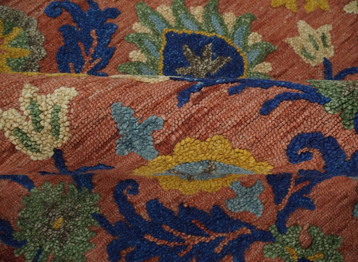 Traditional Floral Colorful dark Peach, Blue and Green 6x6 Round, 8x10 and 2.6x8 Hand Tufted wool Area Rug - The Rug Decor