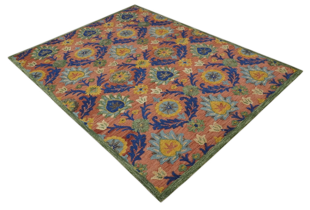Traditional Floral Colorful dark Peach, Blue and Green 6x6 Round, 8x10 and 2.6x8 Hand Tufted wool Area Rug - The Rug Decor