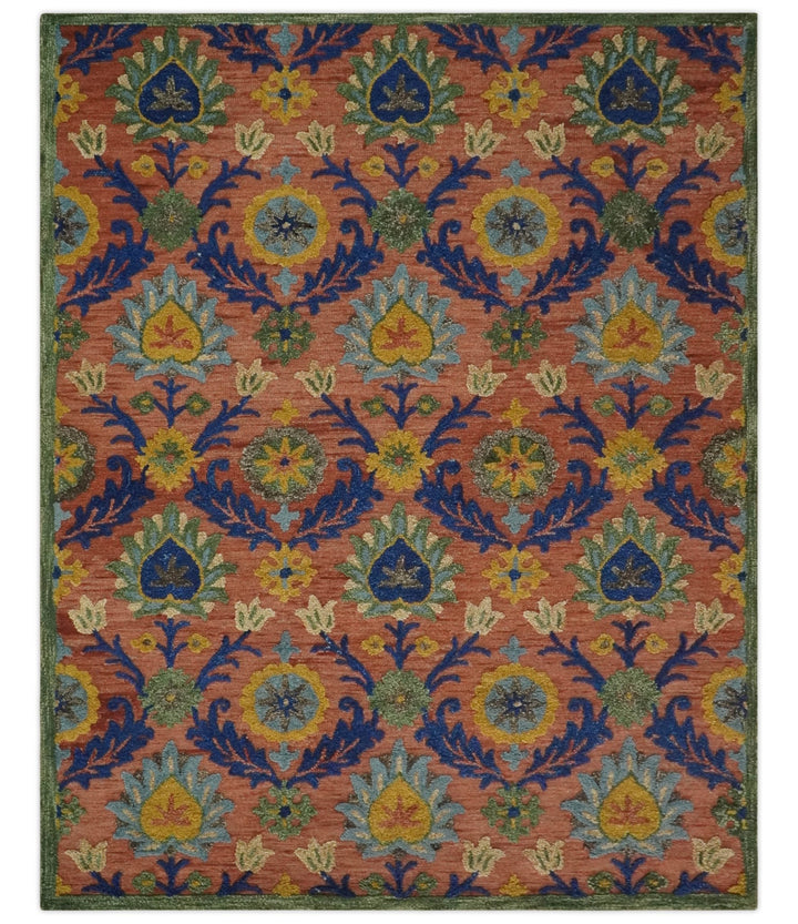 Traditional Floral Colorful dark Peach, Blue and Green 6x6 Round, 8x10 and 2.6x8 Hand Tufted wool Area Rug - The Rug Decor