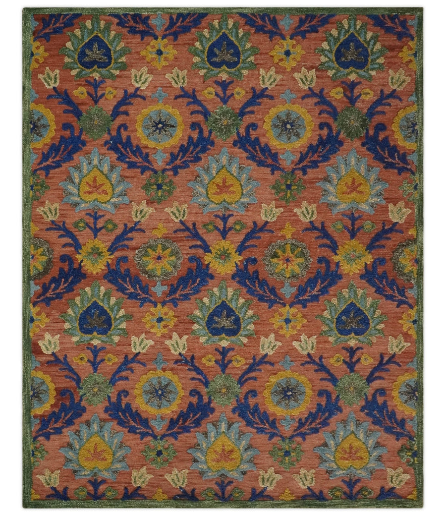 Traditional Floral Colorful dark Peach, Blue and Green 6x6 Round, 8x10 and 2.6x8 Hand Tufted wool Area Rug - The Rug Decor