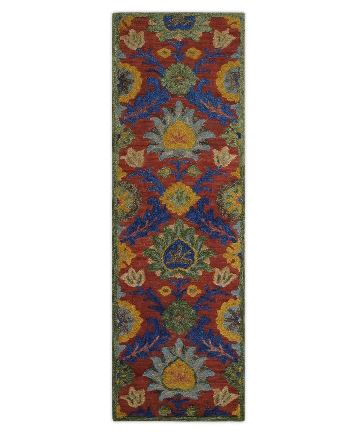 Traditional Floral Colorful dark Peach, Blue and Green 6x6 Round, 8x10 and 2.6x8 Hand Tufted wool Area Rug - The Rug Decor