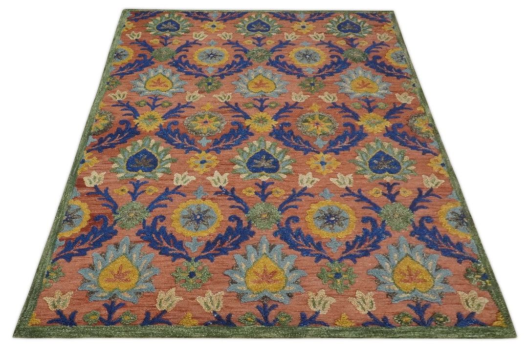 Traditional Floral Colorful dark Peach, Blue and Green 6x6 Round, 8x10 and 2.6x8 Hand Tufted wool Area Rug - The Rug Decor