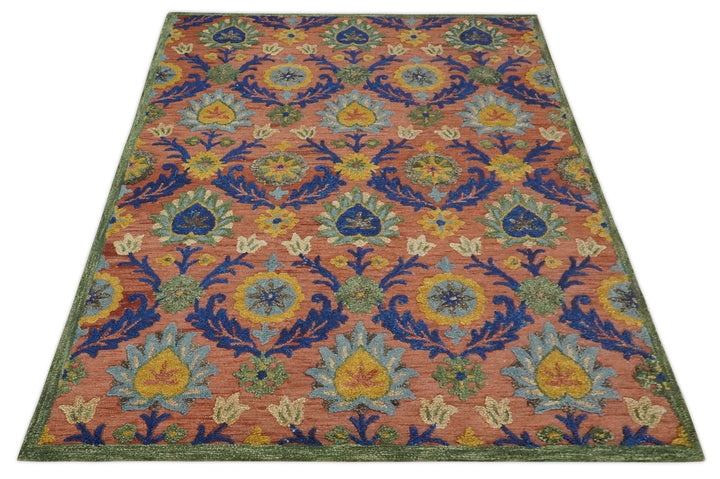 Traditional Floral Colorful dark Peach, Blue and Green 6x6 Round, 8x10 and 2.6x8 Hand Tufted wool Area Rug - The Rug Decor