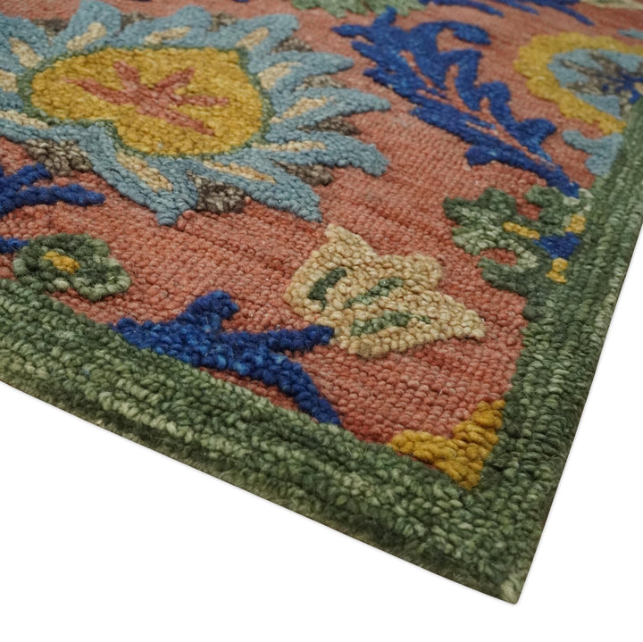 Traditional Floral Colorful dark Peach, Blue and Green 6x6 Round, 8x10 and 2.6x8 Hand Tufted wool Area Rug - The Rug Decor