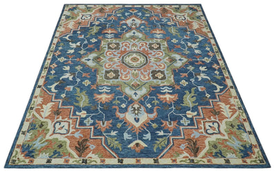Traditional floral Dark Peach, Green and Blue Medallion Hand Tufted Multi size wool area Rug - The Rug Decor